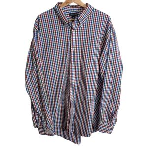 Lands End Cotton Dress Shirt Button Up Size XL 17-17.5 Blue Green and Red Plaid